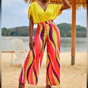 Solid Ruched Backless Top & Colorful Striped pants